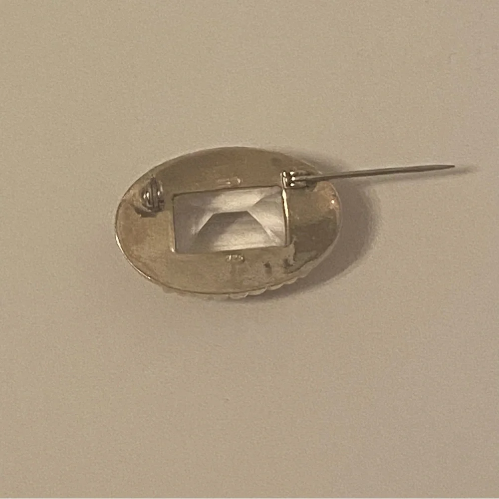 BROOCH VINTAGE STERLING SILVER 925 OVAL LARGE FACETED RECTANGLE CRYSTAL JEWELRY